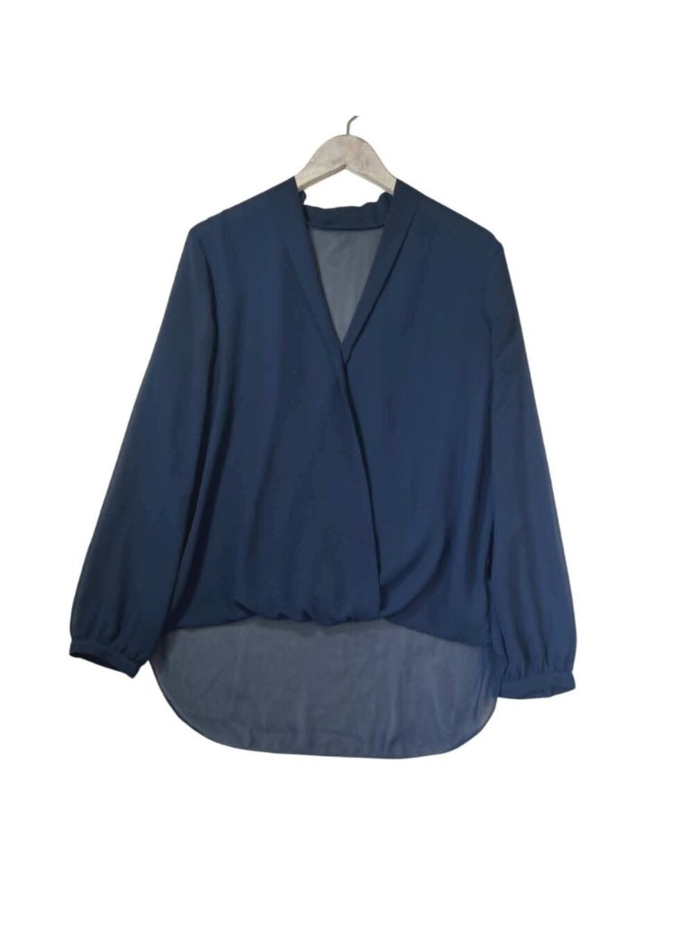 Flowy Ethereal Navy Blue Wrap Front  Long Sleeve V-Neck Chiffon Top Womens XL